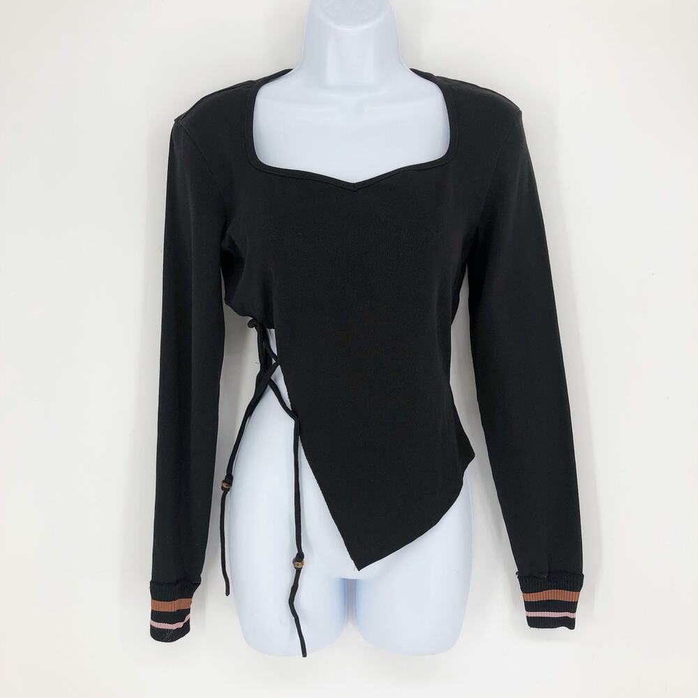 DIDU Asymmetrical Lace Up Top Black Medium Sweetheart Neck Long Sleeve Knit SS23